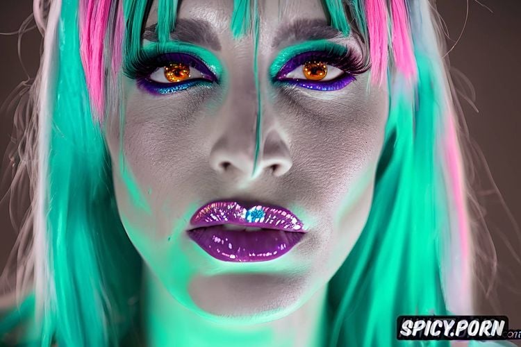 young women face, pale blue white skin, neon rainbow hair, green lips