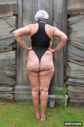 black granny, pretty face, thong leotard, standing with arms on hips