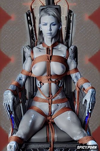 precise hands 1 7, detailed limbs1 7, key visual pee, beautiful woman bound with cords to a cyberpunk chair1 9