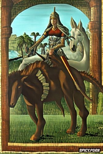 tapestry, old dusty painting, low resolution, knight, jungle