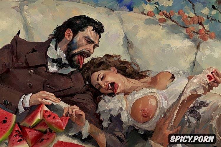 couch, vampire, tongue out, drooling, pyotr krivonogov, impressionism painting style