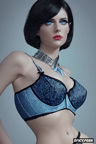 elizabeth bioshock infinite beautiful face pale skin blue eyes short black hair low cut blue lace corset and lingerie small perky c cup tits elegant diamond necklace beautiful face high cheek bones full lips young