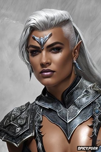 masterpiece, high resolution, hawke dragon age beautiful face ebony skin silver hair tattoos