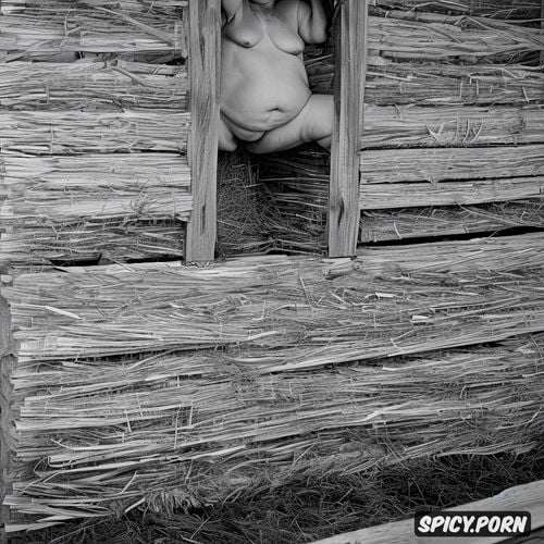 in hay barn, cellulite, wet hair, pannus stomach legs open, body