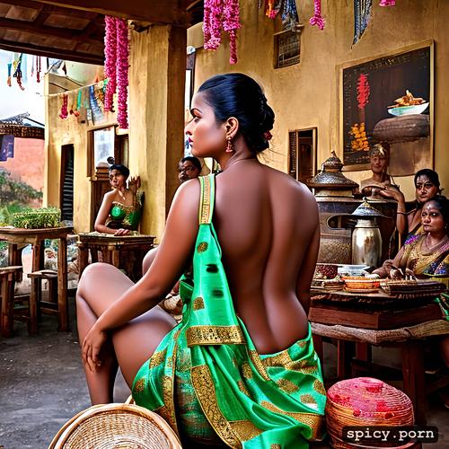 wearing lewd saree, sitting inside tamil village tea shop, tamil ancient village