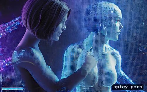 digital blue, abs, bob haircut, matrix code skin, holographic projection