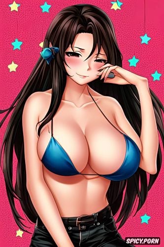 female, 20 years, long hair, perky boobs, black brown hair, with bikini