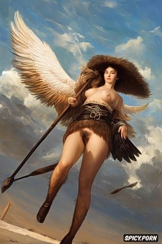 long legs, hairy pussy, feathers, angel flying in the sky, flat chest