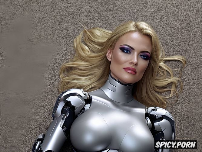 damaged sexy blonde robot, fully robotic body, sparks from damaged face