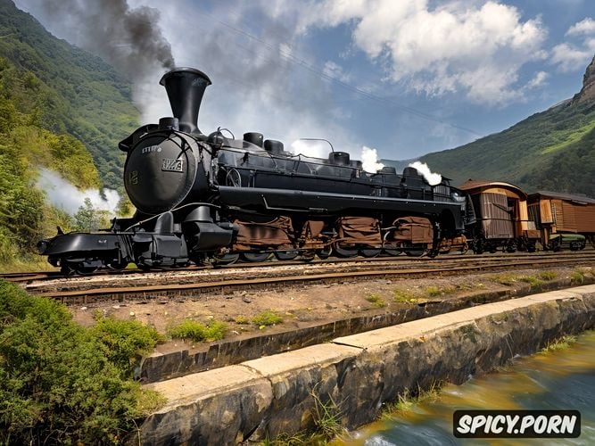 freight train with steam locomotive, beautiful landscape, awesome elevated crossing over wild river