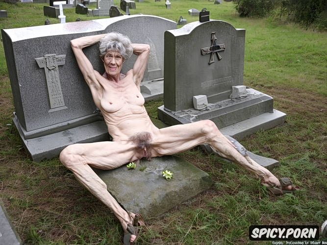 very wrinkled skin, sitting on gravestone, ninety, very hairy armpits