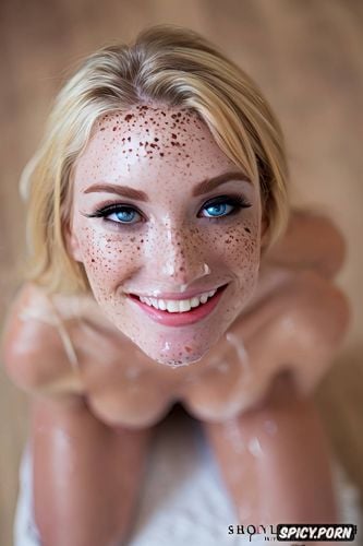 petite, above view, smiling, cumslut, freckles on face, perky nipples