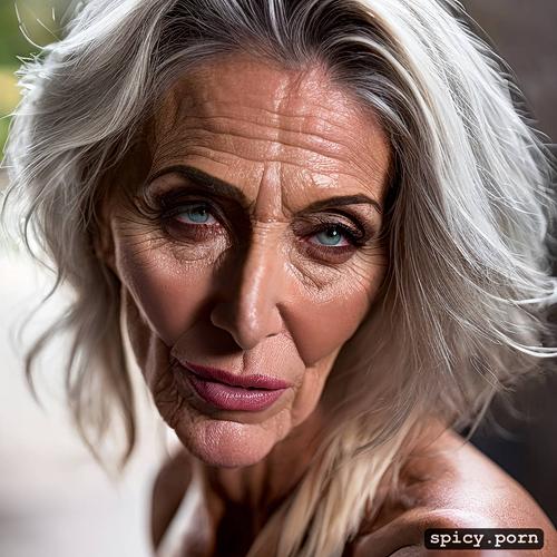 ugly, gilf face generator, white hair, white lady, natural tits