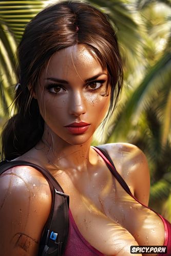 masterpiece, ultra detailed, lara croft tomb raider beautiful face young topless tits out