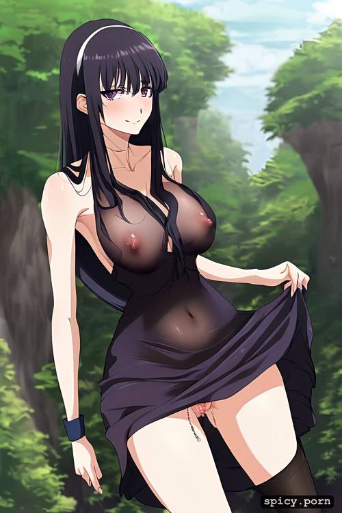 anime, nipples visible through clothes, gray skin, solo female