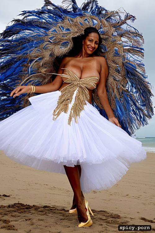 giant hanging tits, high heels, long hair, color portrait, 57 yo beautiful white caribbean carnival dancer