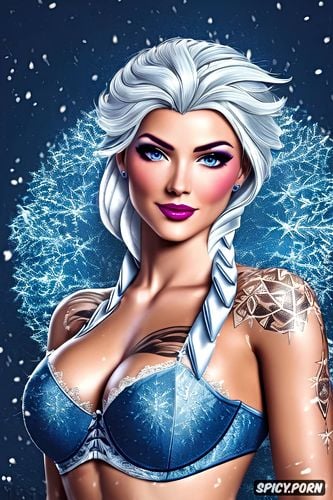 high resolution, k shot on canon dslr, tattoos masterpiece, ashe overwatch beautiful face young sexy low cut snow queen elsa lingerie