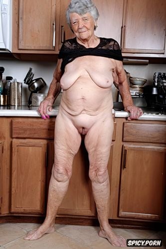 in kitchen, nude, shaved pussy, cellulite body, very old, elderly