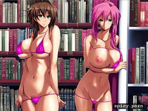 library, big nipples, pink hair, 18 yo, top less, micro bikini