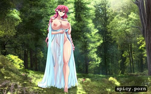 red hair, forest, seductive, long hair, sheer dress, pastel colors
