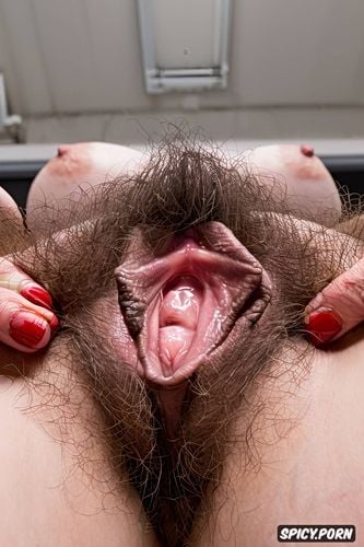 petite russian female, perfect body, and beautiful face, large pussy lips huge labia extreme hirsutism in a grocery store view from below looking up into very hairy pussy