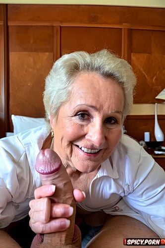 huge teeth, granny looking at the dick, pov, huge thick veiny white dick