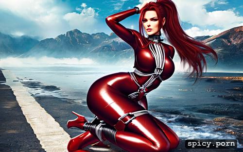 restained, latex dress, high detail, red hair, woman 30 years old
