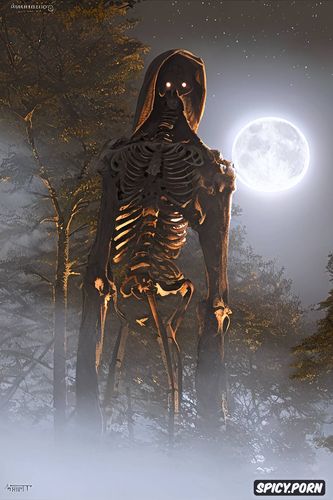 haunted clearing at night, scary glowing grim reaper, haunting human skeleton