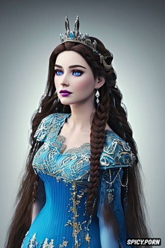 confident smirk, tiara, female knight, dark blue eyes, wearing a tight light blue lace gown