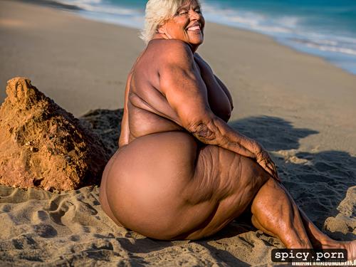 realistic, on beach, 8k, muscular, highres, fat belly, lady 75 years old