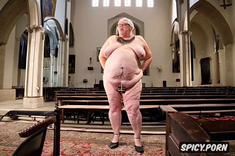 singing, chains, ssbbw, ultra realistic photo, cathedral, holding a black book
