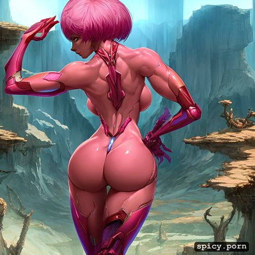 detailed, 60 years old, gloss, pink hair, hyperrealistic, back view