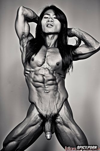 asian ladyboy, bodybuilder, bulging muscles, colored photography