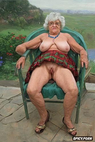 fat granny, very wide hips, the very old fat grandmother skirt has nude pussy under her skirt