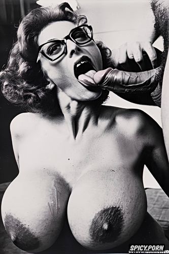 red curls, big glasses in massive frame, sperm on tongue, sperm on bare giant veiny udder