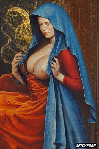 blue coat, brown hair, innocent face, showing one breast, masterpiece painting