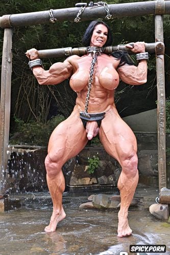 enormous boobs, chained, muscular orc futanari, huge dick, ultra realistic photo