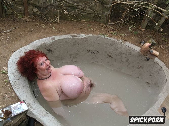 short red hair, closeup, in cum mud pit, wide hips massive pubic hair cellulite 12 month pregnant