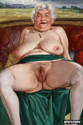 giant and perfectly round areolas very big fat tits, the very old fat grandmother has nude pussy under her skirt
