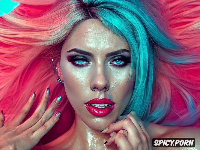 vaporwave colours hair, simetric, covered in cum, ultra detailed