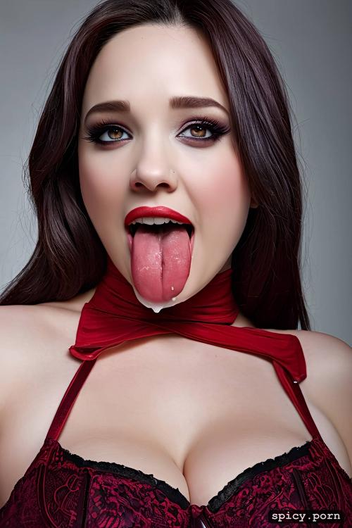 saliva, red lips, cleavage, mouth open, pale, holdings boobs
