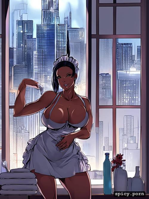 columbian maid, standing on front of window, 8k, realistic, masterpiece