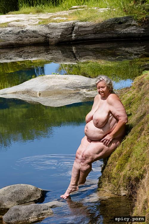 spread legs, ultra realistic, obese, nude, pissing in nature