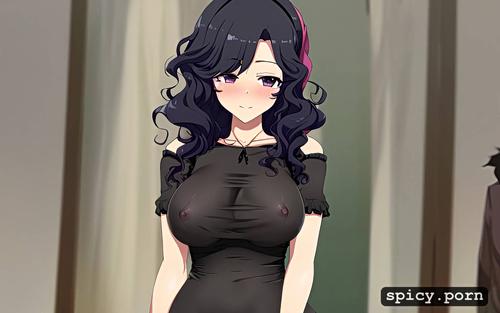 pussy, gray eyes, curly hair, very long hair, solo female, black dress