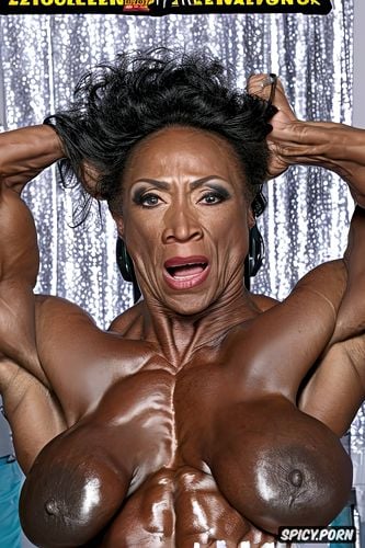 realistic, crazy expression, ebony, ripped abs, anal, most muscular female bodybuilder