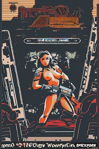 nude woman with chainsaw, doom videogame, carpet canvas texture