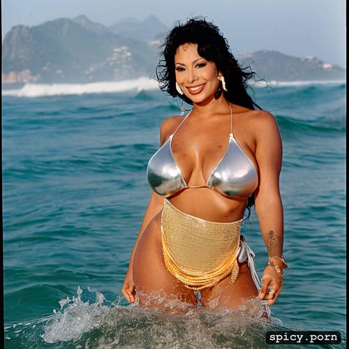 color portrait, 8k, voluptuous christy canyon performing as rio carnival dancer at copacabana beach erect nipples