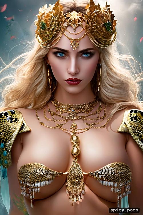 busty naked blonde goddess of haven greek myth aphrodite wearing snake designed jewelries