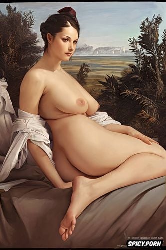 large hands, sfumato painting technique, thick thighs, spreading her legs