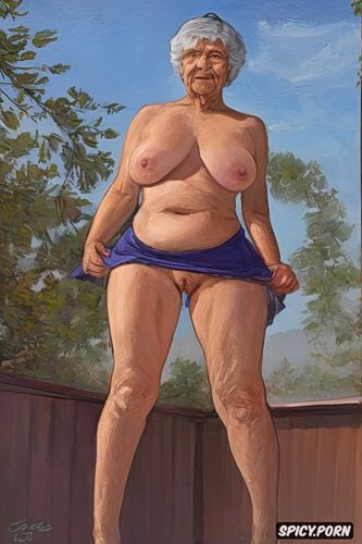 very wide hips, the very old fat grandmother skirt has nude pussy under her skirt